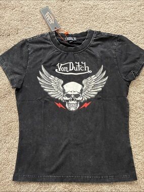 Von Dutch Women's Black vintage wash Short Sleeve Graphic Tee with Winged Skull